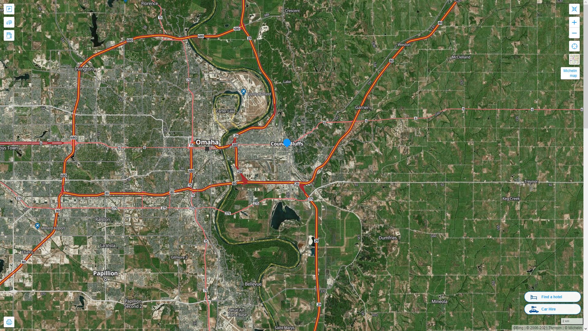 Council Bluffs iowa Highway and Road Map with Satellite View
